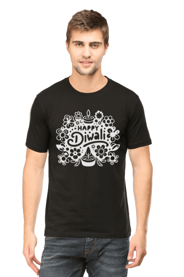 Black Festive Vibes: Happy Diwali Round Neck Half Sleeve T-Shirt