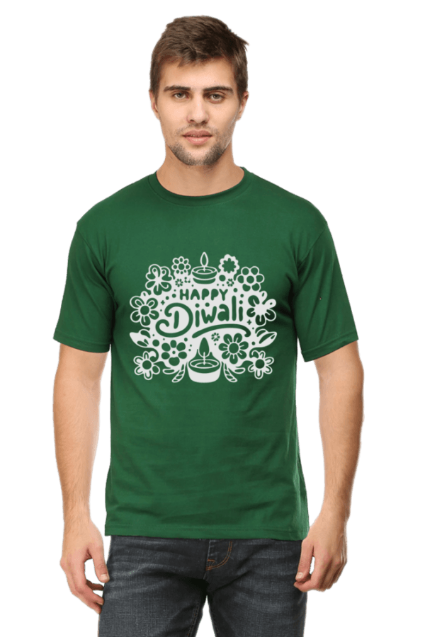 Bottle Green Festive Vibes: Happy Diwali Round Neck Half Sleeve T-Shirt