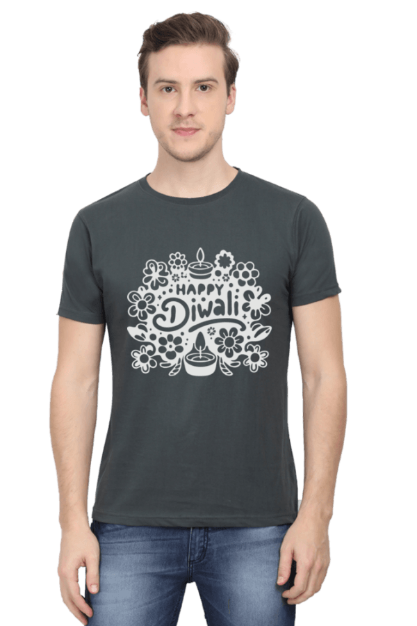 Steel Grey Festive Vibes: Happy Diwali Round Neck Half Sleeve T-Shirt