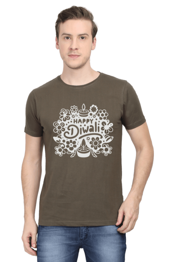 Olive Green Festive Vibes: Happy Diwali Round Neck Half Sleeve T-Shirt