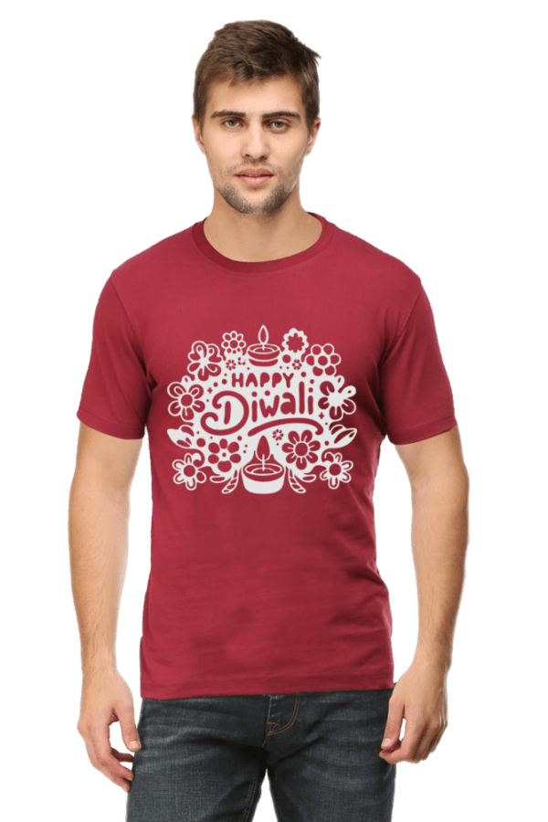 Maroon Festive Vibes: Happy Diwali Round Neck Half Sleeve T-Shirt