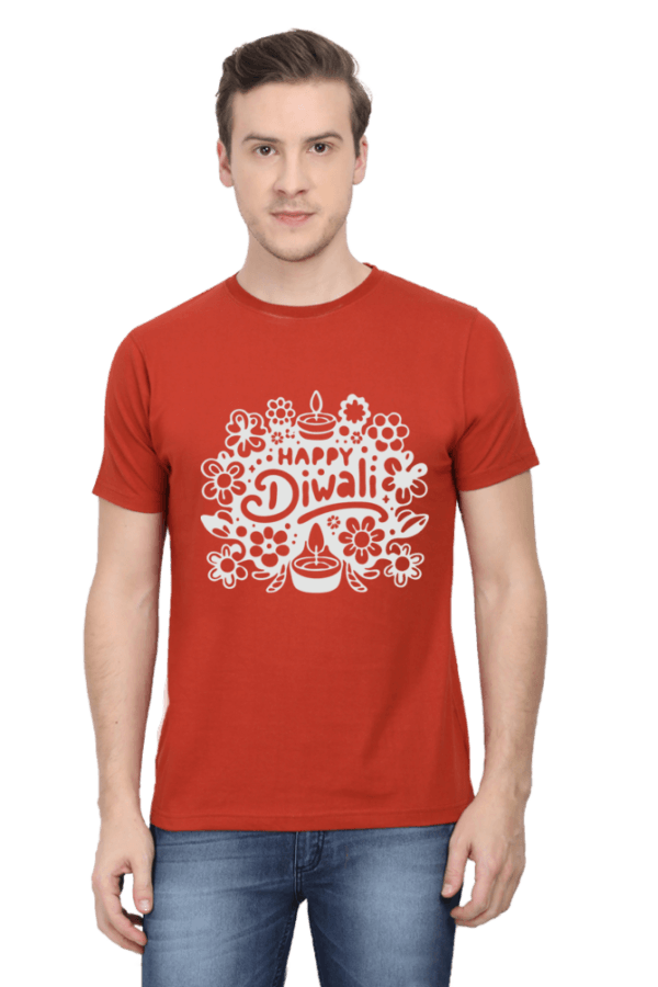 Brick Red Festive Vibes: Happy Diwali Round Neck Half Sleeve T-Shirt