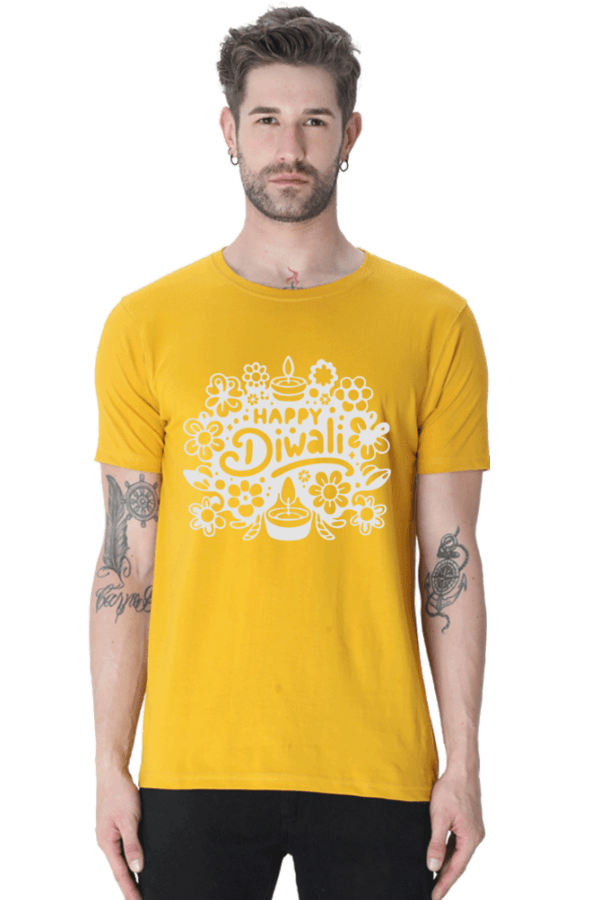 Mustard Yellow Festive Vibes: Happy Diwali Round Neck Half Sleeve T-Shirt