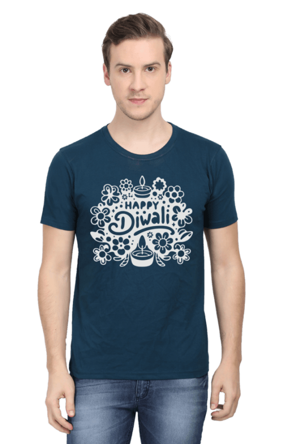 Petrol Blue Festive Vibes: Happy Diwali Round Neck Half Sleeve T-Shirt
