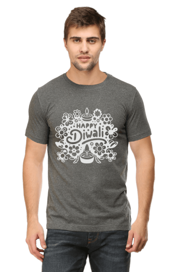 Charcoal Melange Festive Vibes: Happy Diwali Round Neck Half Sleeve T-Shirt