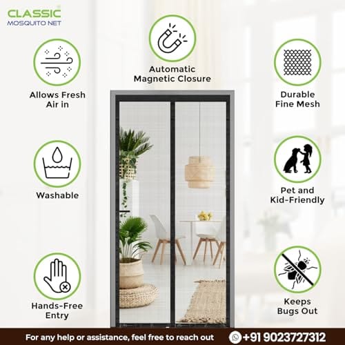 Version 1.0.0 Classic Mosquito Net for Door Fiberglass Magnetic Curtain Auto Closing Insect Screen for All Door Types with Self Adhesive Hook Tape